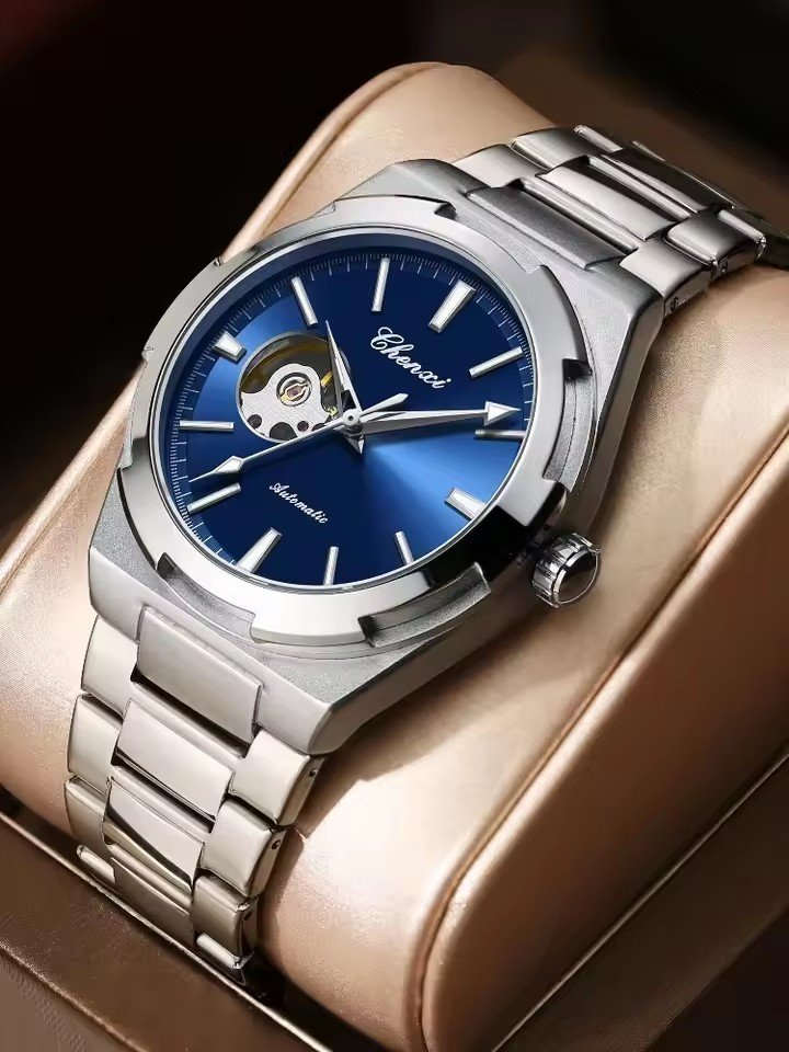 Chenxi automatic mechanical wristwatch with stainless steel silver strap, black dial, open-heart design, and premium analog movement.