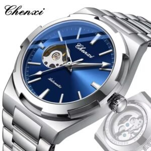 Chenxi automatic mechanical wristwatch with stainless steel silver strap, black dial, open-heart design, and premium analog movement.