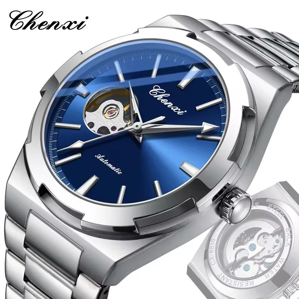 Chenxi automatic mechanical wristwatch with stainless steel silver strap, black dial, open-heart design, and premium analog movement.