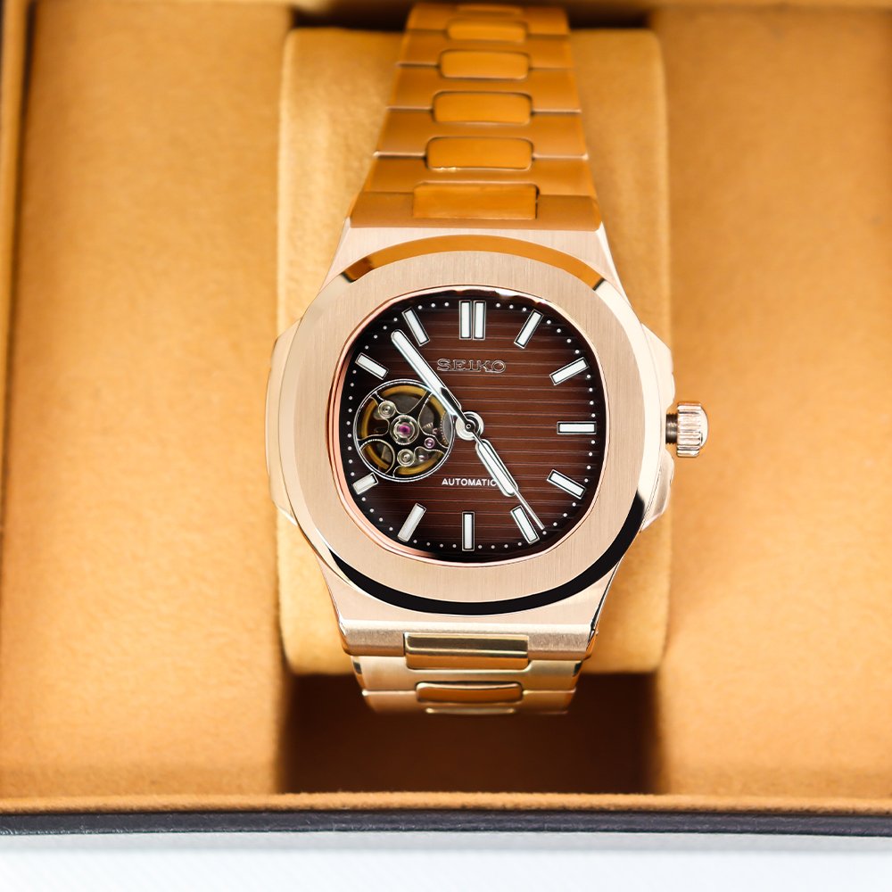 automatic mechanical wristwatch with stainless steel silver strap, black dial, open-heart design, and premium analog movement.